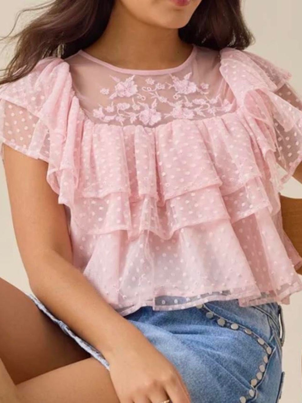 Altar'd State Pink Swiss Dot Layered Ruffle Blouse